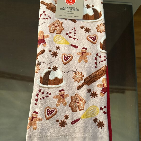 MARTHA STEWART KITCHEN TOWELS (3) GINGERBREAD BAKING Pink/Red 16 X 28 COTTON NWT - Picture 1 of 4